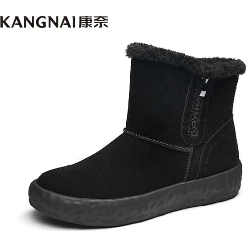 KANGNAI Men Snow Boots Cow Suede Side Zipper Black Ankle Boots Comfortable Plush Warm Winter Shoes