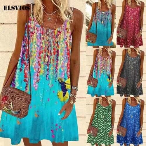 2021 Summer Newest Womens Floral Printed Casual Sling Dress Sexy Sleeveless Street Loose A-Line Mini Sundress Beachwear Outfits