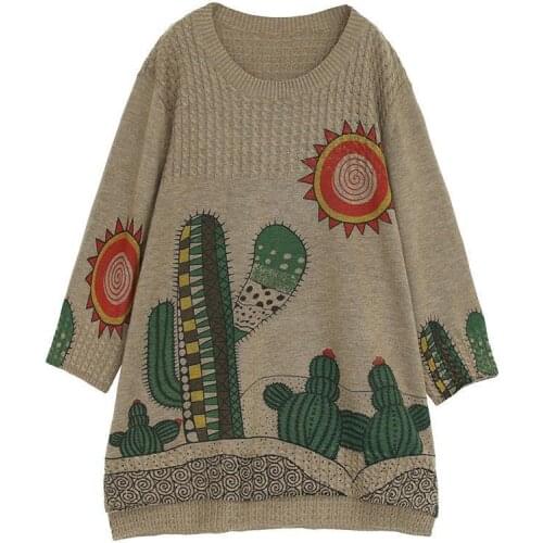 2021 printed autumn and winter new retro literary print large size knitted pullover bottoming shirt jacket with sweater women