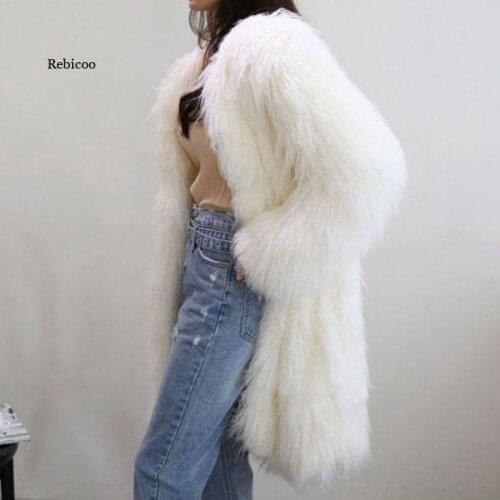 New Womens White Faux Fur Long Coat Thick Warm O-neck Single Breasted Outwear Long Sleeve Wool Fur