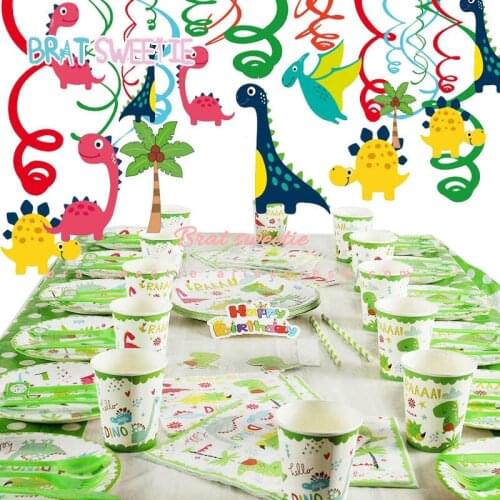 Dinosaur Themed Disposable Tableware Kit Kids Baby Boys Happy Birthday Decoration Paper Plate Cups Napkins Jungle Party Supplies