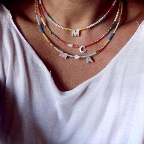 Boho Initial Letter Beaded Necklace For Women Colorful Turquoise Bead Choker Natural Shell Letters Necklaces Femme Party Jewelry