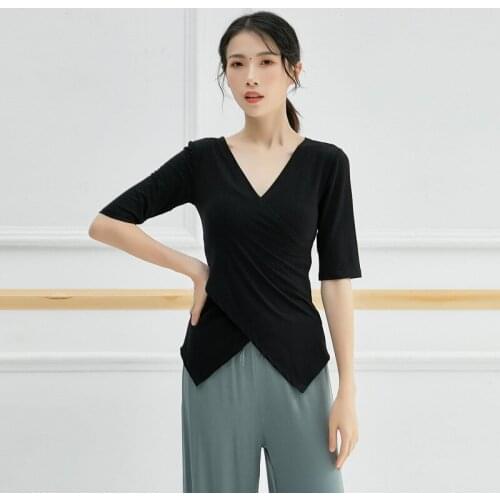 New Women Latin Tops Yoga Practice Clothes Adult T-shirt Modal Mid-sleeve Cross-neck Latin Dance Shirt Modern Body Dance Clothes