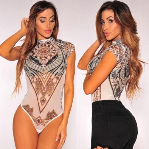 Sexy Bodysuits Women Printed Skinny Bodycon Short Sleeve Stretch Romper Ladies Leotard Body Tops Overalls Jumpsuit