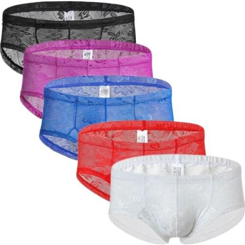 5PCS Sexy Underwear Men Boxershorts Sexy Underpants Breathable Mesh Lace Floral Gay Underwear Cueca Masculina Boxers Men Panties