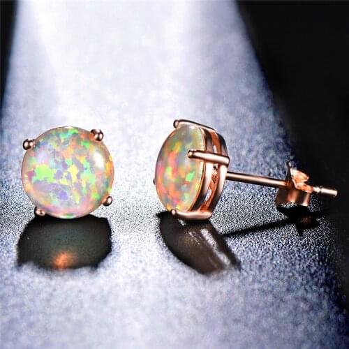 Female Vintage Rose Gold White Fire Opal Earrings 6/8mm Cute Round Stone Stud Earrings Simple Fashion Wedding Earrings For Women