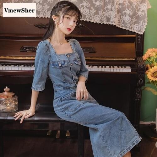 VmewSher Spring Women Dress Sheath Denim Square Collar Knee Length Half Sleeve Single Breasted Back Cut Chic Slim Jean Dresses
