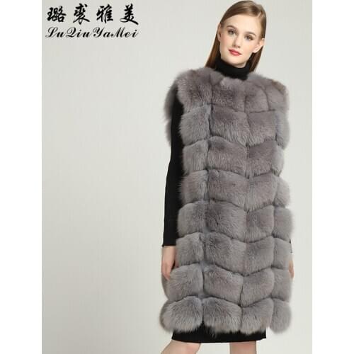 2020 Winter Fox Fur Vests Gray Real Fur Coats Sleeveless Russian Luxury Waistcoat Brand Natural Fox Fur Vest New Women 90cm