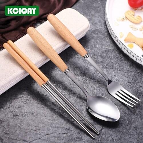 2/3Pcs Wood Handle Chopsticks Set Portable Travel Tableware Set Stainless Steel Dinnerware Spoon Knife Fork Chopsticks With Box