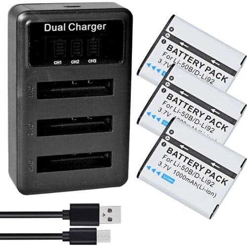3 Pack Battery + Triple Charger FOR D-LI92 for Pentax RZ10 RZ18 WG-1 WG-2 WG-3 WG-4 WG-10