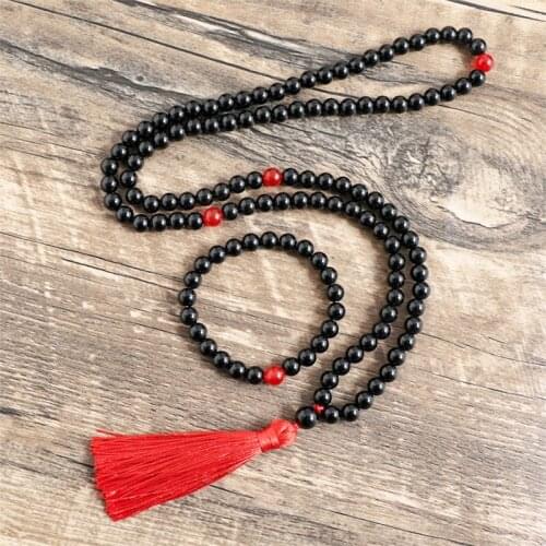 8mm Natural Stone Beads Black Onyx Red Onyx Japamala Sets Spiritual Jewelry Yoga Meditation Inspirational 108Mala Beads Neckalce