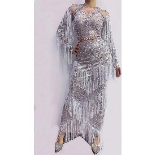 Shining Diamond White Crystal Tassel Hollow Out Dresses Split Floor-Length Women Tight Stretch Dresses Nightclub Costumes