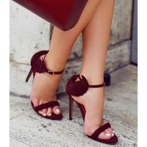 Summer elegant woman wine red suede sandals charming wings decorated ankle buckles design open toe high heeled sexy pumps