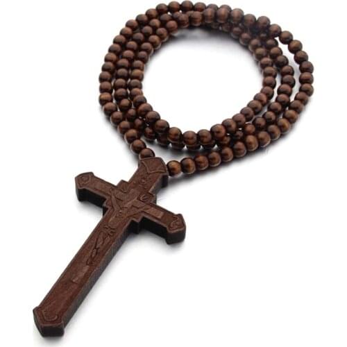 Catholic Cross Necklace with Wooden Beads Rosary Religious Wear Jesus Carved Crucifix Pendant Chain Christian Prayer Christmas