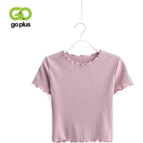 GOPLUS Ruffles Summer T Shirt Women Cotton Solid T-Shirt Womens Korean Basic Tops Tee Shirt Femme Slim Black White T-shirt C7492