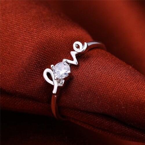 Dainty Female Love Letter Thin Ring Classic Silver Color Wedding Ring Cute Round Crystal Stone Engagement Rings For Women
