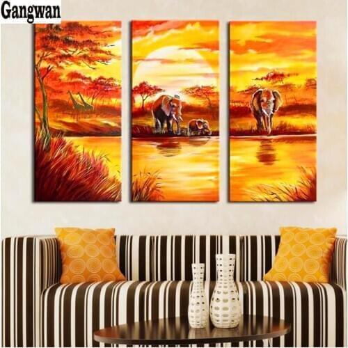 DIY Diamond painting cross stitch African elephant sunset landscape full diamond embroidery picture of rhinestone Mosaic 3 pcs