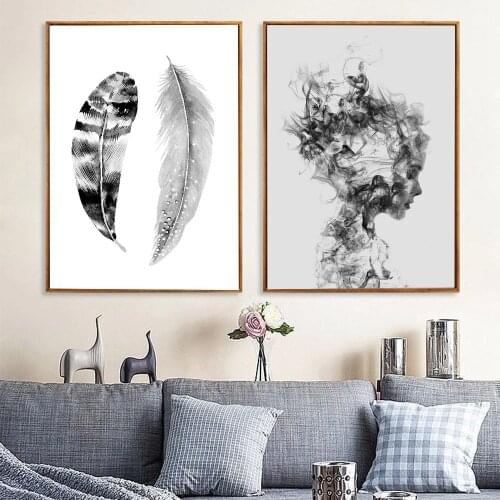 Black And White Feather Canvas Painting Nordic Girl Poster Abstract Mist Art Prints Modern Wall Art Pictures Living Room Decor