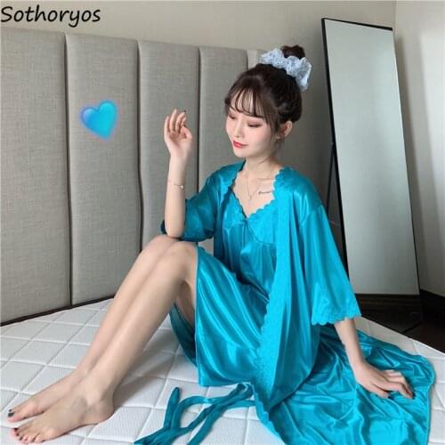 Women Robe Gown Sets Summer Solid Elegant Lace Sexy Sashes Sleepwear Female Breathable Strap Korean Style Leisure Chic Homewear