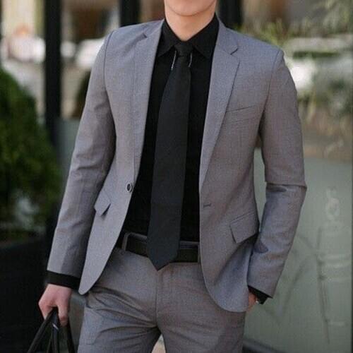 ANNIEBRITNEY Grey 2 Piece Slim Fit Men Business Suit Tailor Made Groom Wedding Tuxedo 2 Piece Prom Wedding Business Men Suit Set