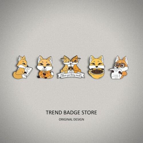 Fox reading newspaper cartoon animal ornaments alloy brooch personality cute little fox drinking coffee reading brooch badge