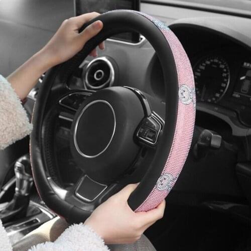 Cute cartoon Rhinestones Steering Wheel Cover Diamond PU Leather Car Steering Cover 15 Inch Universal Auto Accessories