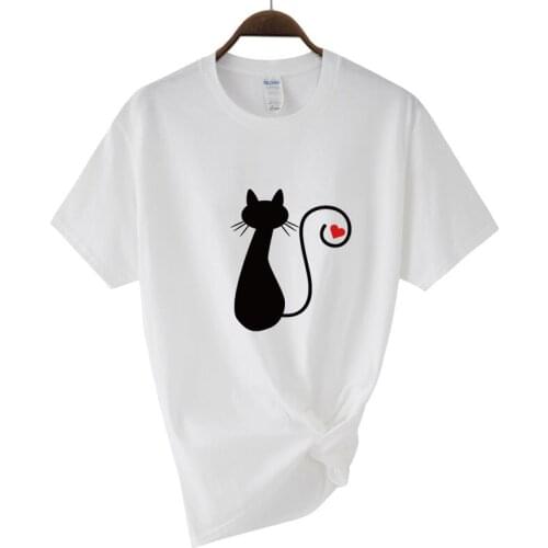 Fashion Round Neck Casual Womens Clothing Love Black Cat Graphic T-shirt Tops Personalized Black Cat Print T-shirt Ladies