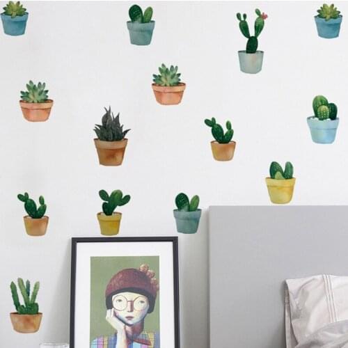 Water Color Cactus Potted Wall Sticker Living Room Background Decoration Mural Bedroom Decals Home Decor Stickers PVC Wallpaper