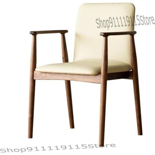 Dining Chair Armrest Desk Chair Leather Art Nordic Luxury Soft Bag Black Walnut Solid Wood Cushion Chair Designer