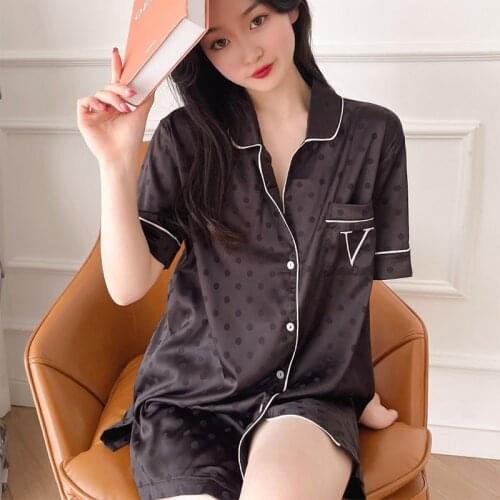 Sexy Women Pajamas Two Pieces Set Satin Silk Sleepwear Long Sleeve Dot Loungewear Pj Summer Ladies Homewear 2021