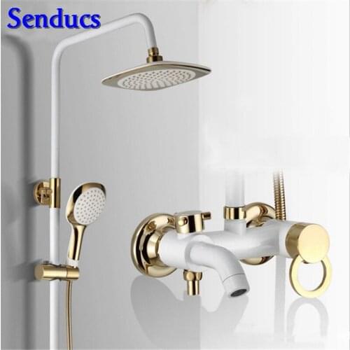 Senducs White Gold Bathroom Shower Set Intelligent Brass Bathroom Shower Mixer Tap Single Handle Gold Bathroom Shower System