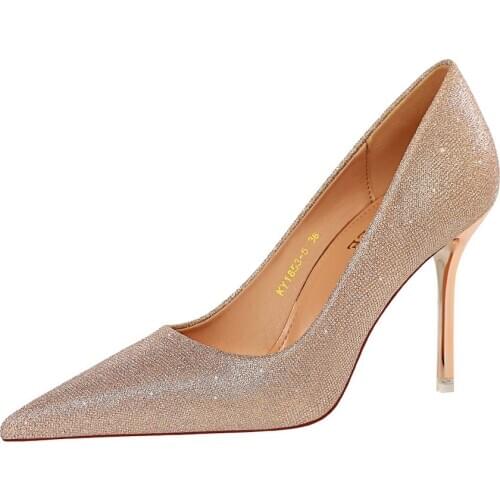 Shoes Women Fashion Sexy Nightclub Shoes Ultra High Heel Metal High Heels Pointed Light Sequins Female Hot Selling Single Shoes