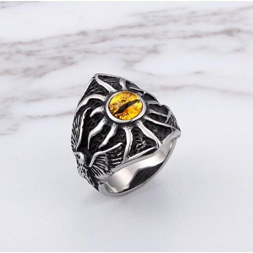 HaoYi 316 Stainless Steel Cat Eyes & Eagle Ring For Men Opals Fashion Personality Metal Ring For Male Finger Jewelry