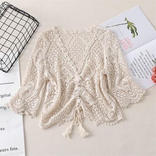 Korean Style Chic Lace Blouse Summer Beach Cover Up Sexy Hollow Out Crochet Tops Women Elegant Blouses Blusa Mujer2021