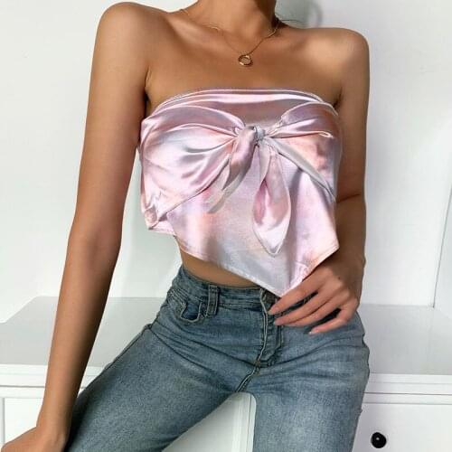 Women Sexy Crop Top Sleeveless Bow Tie Up Tube Bandana Top Streetwear Elastic Ruched Backless Ladies Satin Top Summer 2020
