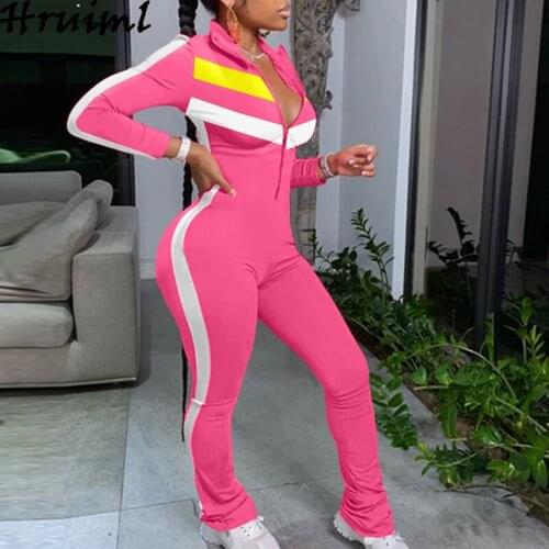 Casual Long Sleeve Women Jumpsuit Patchwork Turn-down Collar Zipper Lady Rompers Autumn Sportswear Bodysuit Long Pants Overalls