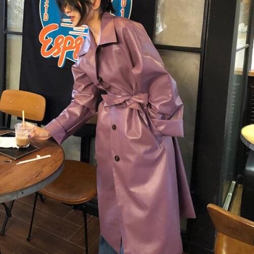 New arrival autumn fashion purple pu leather trench coat women lapel single breasted belted windbreaker