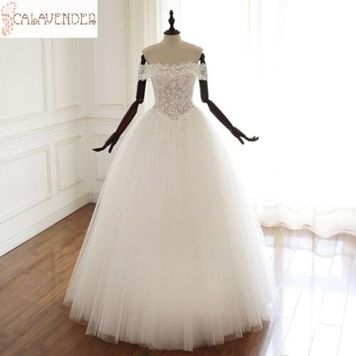Star Lace Destination Wedding Dresses Ball Gown Off-shoulder Pearls Beaded vestidos de novia Floor Length Unique Wedding Gowns