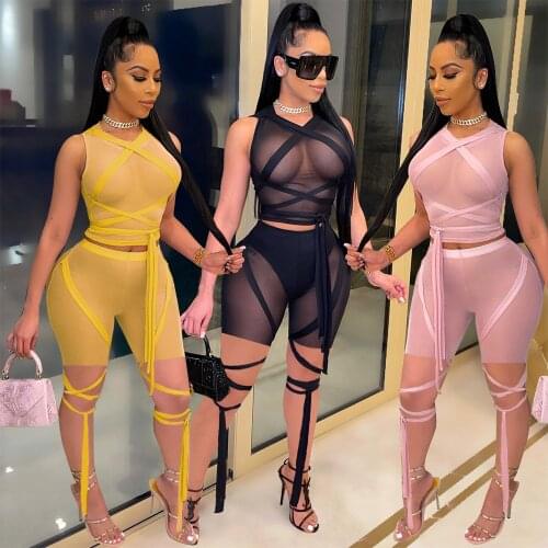 2021 Mesh Sheer Summer Outfits Two Piece Set Lace Up Crop Top Bodycon Shorts for Women Tracksuit Sexy Club Matching Sets