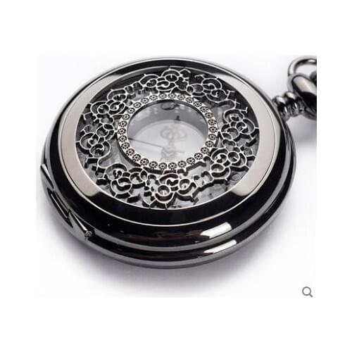 50pcs/lot Hot Sell Black Hollwed Quartz Pocket Watch Watches Mens Womens Watch with Chain Christmas Gift Watches