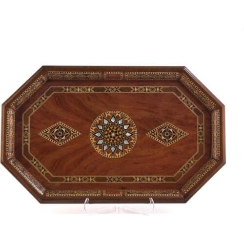 Large Size Tea and Coffee Serving Tray Decorative Wood, Handmade Rustic Kitchen Decor, Handleless - Ancient Motifs