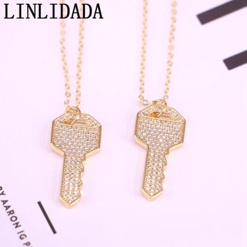 10Pcs Gold Key Pendant Necklace Birthday Gift For Girlfriend Chain Cubic Zircon Paved Fine Jewelry Charm