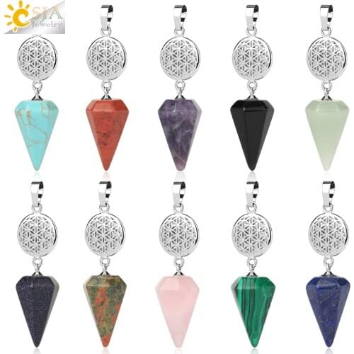CSJA Spiritual Natural Stone Crystals Pendant Amethyst Small Cone Rose Crystal Quartz Flower of Life Reiki Jewelry Making S792