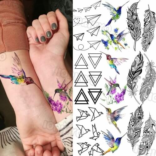 Colorful Hummingbird Small Temporary Tattoo For Women Geometric Feather Paper Airplane Fake Tattoo Sticker Front Arm Body Tatoos