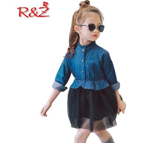 R&Z childrens dress 2019 spring and summer models girls long-sleeved dress fashion mesh denim stitching dress princess dress