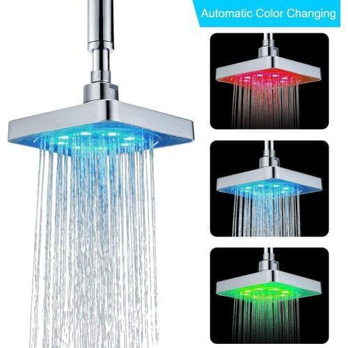 6 Inch 3 Colors Changing Water Temperature Sensor LED Shower Head Square Top Sprayer Bathroom Power Shower Head Ducha