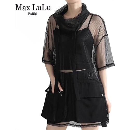 Max LuLu New 2020 Fashion British Style Ladies Mesh Tee Shirts Womens Gothic Patchwork T-shirts Female Sexy Black Tops Plus Size