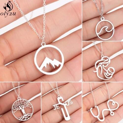 Minimalist Round Shape Snow Mountain Pendant Necklace Women Stainless Steel Jewelry Trend Stethoscope Wave Necklaces Lover Gifts