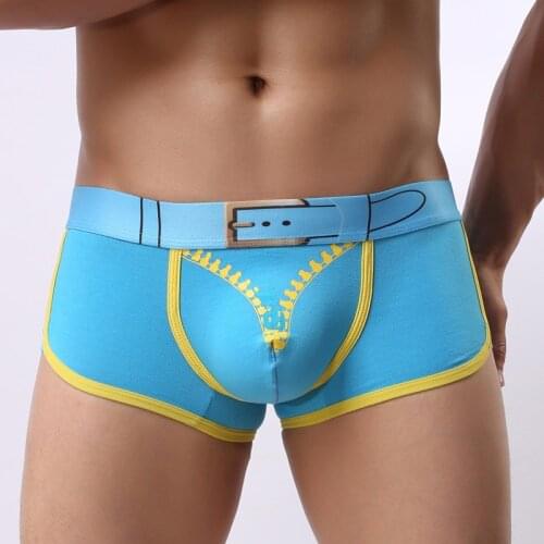 Sexy Men Cotton Middle Waist Pants U Convex Pouch Breathable Print Belt Male Boxers Panties Comfortable Underpants Cueca Trunks