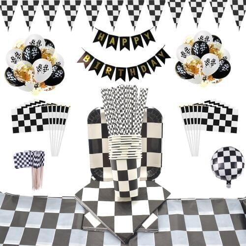 Black and white plaid Party Set Servies Chess Disposable tableware set Cup Plate Birthday Party Baby Shower Decorations for Kids